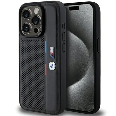BMW Handyhülle Hardcase iPhone 15 Pro schwarz Logo Metall Kunstleder 6,1 Zoll, Kantenschutz