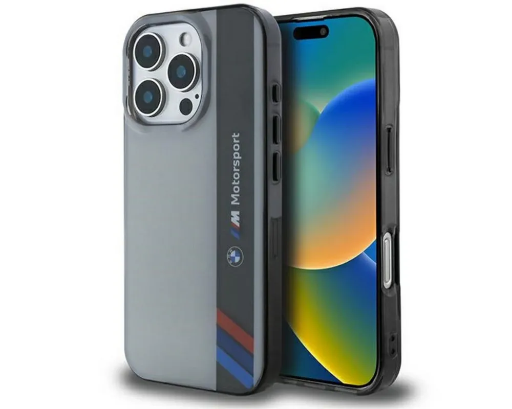 BMW Handyhülle Motorsport Vertica Magnetfunktion Kompatibel mit iPhone 16 Pro Grau 6,3, Sportliches IML Case mit vertikalem Motorsport Streifen