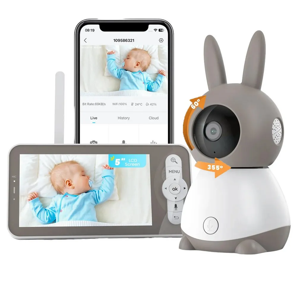Boifun Babyphone 5 Zoll WLAN Video babyfone PTZ 355° Babyphone mit Kamera 2K/3MP, IR-Nachtsicht, Automatische Verfolgung,Temperaturanzeige, 1-tlg., Weinen/Bewegungs/Geräuscherkennung,unterstützt Mobile App Steuerung, Präzisere Warnungen,Schlafmodus&Schreierkenn,Gefahrenbereichserkennung
