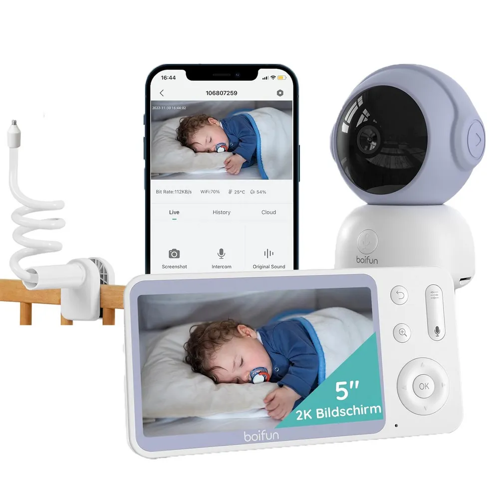 Boifun Video-Babyphone Babyphone 720P mit Kamera 5 Zoll Baby Monitor, mit Kamera und Audio WLAN, 3000-mAh-Akku, 1-tlg., unterstützt Temperaturüberwachung Schlaflied Wecker, Nachtsicht, Bidirektionales Interkom, Zwei-Wege-Audio VOX-Modus
