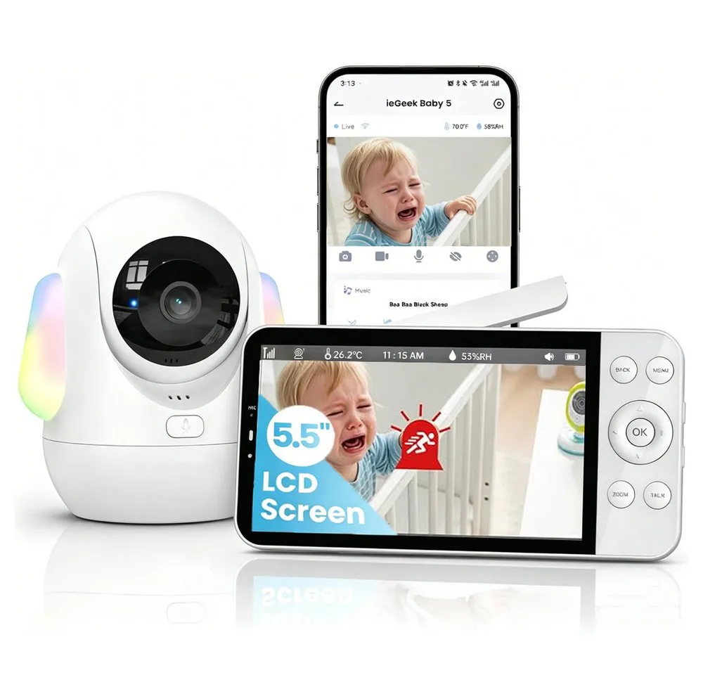 Boifun Video-Babyphone Babyphone mit Kamera 2,5K/4MP, 5,5 Zoll WLAN Video babyfone, unterstützt 2,4 GHz und 5 GHz PTZ 360°, 1-tlg., Intelligentes Nachtlicht, Automatische Verfolgung, Weinen/Bewegungs, IR/RBG Nachtsicht,Mit Bluetooth-Netzwerkkonfiguration