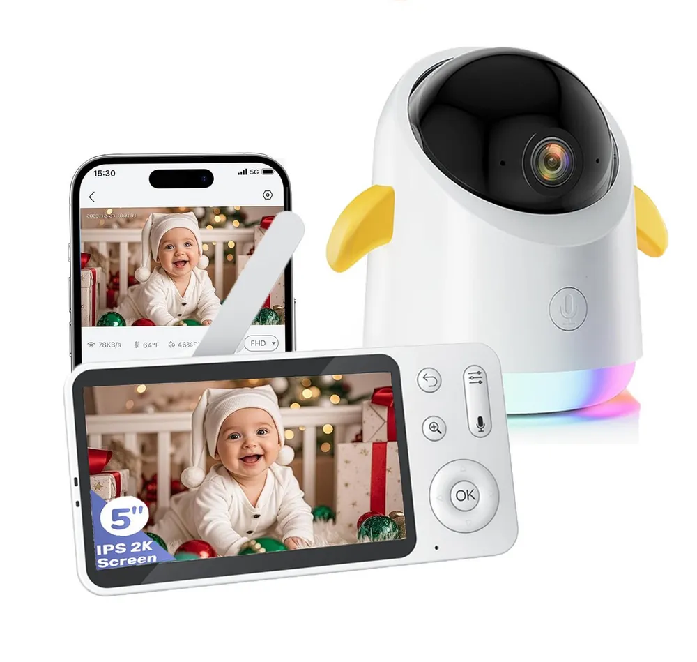 Boifun Video-Babyphone Babyphone mit Kamera 2K/3MP, 5 Zoll WiFi Video Babyphone PTZ 355°, IR Nachtsicht, Nachtlicht, Schlaflieder,Temperaturanzeige, 1-tlg., unterstützt Mobile App Steuerung,4×Zoom, Weinen/Bewegungs/Geräuscherkennung, Temperaturerkennun