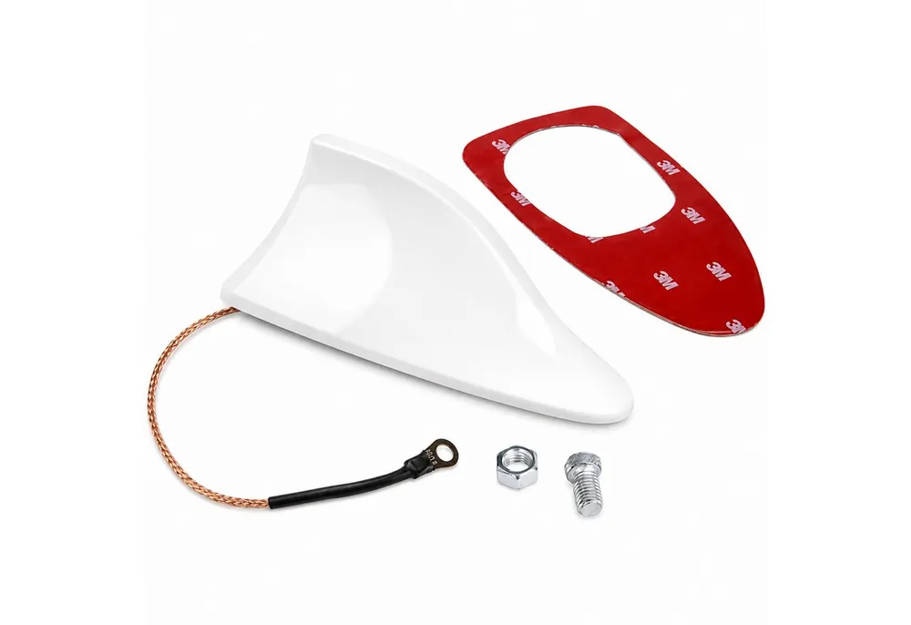 Bolwins A65C Universal Shark Fin Auto Dachantenne AM/FM selbstklebend weiß Dachantenne (AM & FM Signal, für Innenbereich & außenbereich, Verstärkung: 5 dB), AM & FM Radioempfang, Shark-Fin-Design, selbstklebende Montage