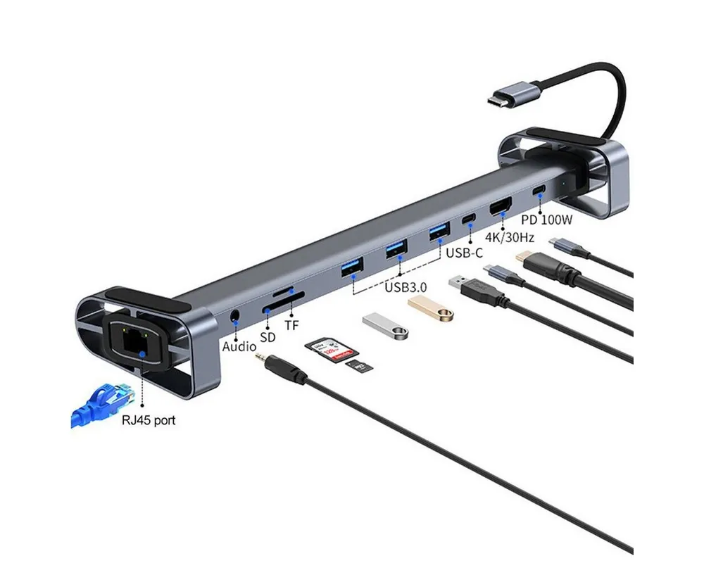 Bolwins H36C 10in1 USB C Hub Docking station HDMI RJ45 USB 3.0 Audio SD/TF PC USB-Adapter USB-C Stecker zu HDMI USB 3.0 USB-C (PD) RJ45 SD TF (MicroSD) 3,5 mm Klinke, 15 cm, 10-in-1 USB-C Hub mit HDMI 4K, 100W PD, RJ45, Kartenleser