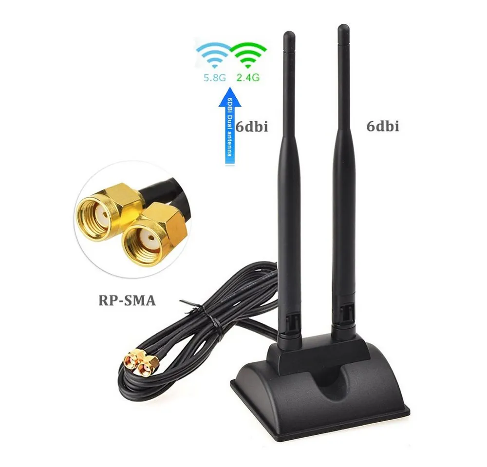 Bolwins L44C WiFi Antenne 3m Dualband 2.4/5.8GHz 2×6dBi RP-SMA Standfuß WLAN-Antenne (WLAN / 4G LTE, für Router, Hotspot & USB-Modem, Verstärkung: 12 dB), 2× 6 dBi Verstärkung, Dualband 2,4 & 5 GHz, externe WLAN/LTE Antenne