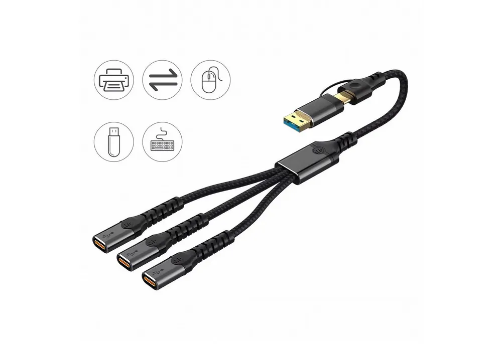 Bolwins N35C USB-A/USB-C zu 3x USB-C Hub 34cm OTG Adapter Laptop Tablet Handy USB-Kabel, USB-A Stecker, USB-C Stecker, 3x USB-C Buchse (34 cm), Kompakter 3-fach USB-C Hub mit Dual-Eingang, Plug & Play Design