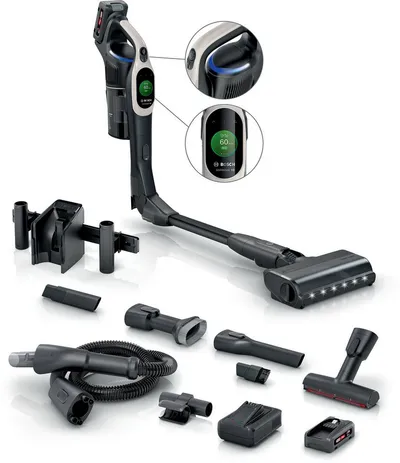 BOSCH Akku-Stielstaubsauger BTS1042GQC, 0 W, beutellos, Display, Knickrohr, HEPA-Filtersystem, Schnellladegerät, 2 Akkus, grau