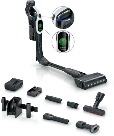 BOSCH Akku-Stielstaubsauger Unlimited 10 BTS1042WAC, TESTSIEGER, 10 J. Motorgarantie, beutellos, Display, Knickrohr, HEPA-Filtersystem, Schnellladegerät, 2 Akkus, weiß