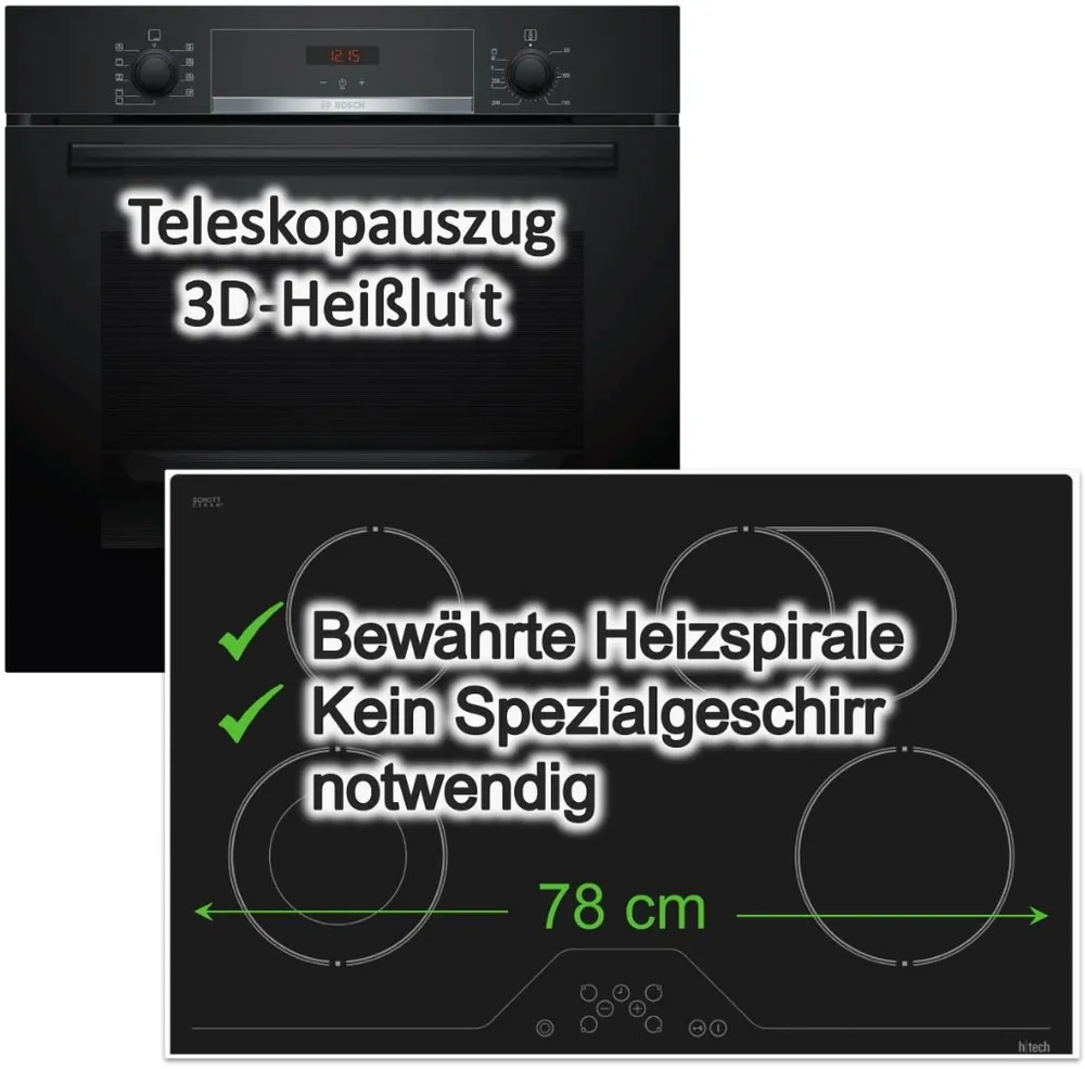BOSCH Backofen-Set EcoClean 3D-Heißluft Pizzafunktion + 78 cm Glaskeramik Kochfeld htech, mit 1-fach Teilauszug, Hydrolyse