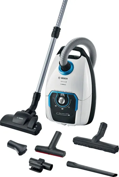 BOSCH Bodenstaubsauger Serie 8 ProSilence BGB75XSIL, Hygiene-Filter, 10 Jahre Motorgarantie, 650 W, mit Beutel, Hartbodendüse, XXL-Polsterdüse, langes Kabel, leise, weiß