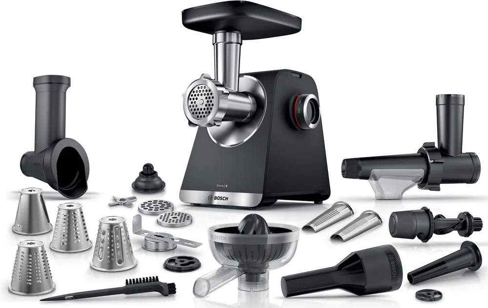 BOSCH Fleischwolf Serie 6 MFWS682B, 3,5kg/Min., Zitruspresse, Raspel, Wurststopfer, 500 W, 2 Lochscheiben