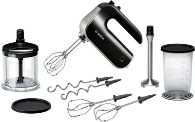 BOSCH Handmixer HomeProfessional MFQ4885DE, 2x Edelst. Besen, 1x Knethaken, schwarz, 575 W, 5 Stufen, Turbostufe, Zerkleinerer, Mixfuß, Mixbecher, Made in Europe