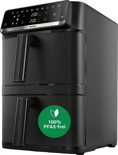 BOSCH Heißluftfritteuse Serie 6 MAFD661B0, XXL Heißluftfritteuse, 12L, PFAS frei, Doppelkammer, 2800 W, platzsparend, einfache Reinigung, weniger Fett, 6 Programme, schwarz