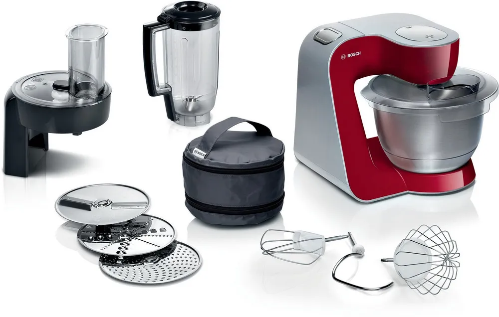 BOSCH Küchenmaschine Serie 4, MUM58R20, 7 Stufen, Edelstahlschüssel 3,9 L, 1000 W, 8,1 l Schüssel, 3D Rührwerk, Mixer, Durchlaufschnitzler, 3 Scheiben, Edelstahl-Rührer