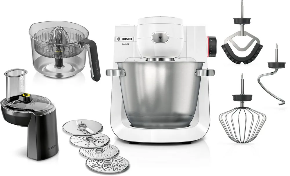 BOSCH Küchenmaschine Serie 6 MUMS6EW24D, Durchlaufschnitzler, Edelstahlschüssel, weiß, 1600 W, 5,5 l Schüssel, Durchlaufschnitzler, XL-Edelstahlschüssel, Patisserie-Set, made in EU