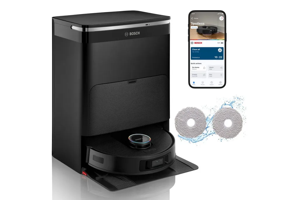 BOSCH Saugroboter mit Wischfunktion Spotless Max Cam BCRDW3BX, rotierende Wischpads, 60 W, mit Beutel, Datensicherheit, 11.000 Pa Saugkraft, Absaugstation, Kamera
