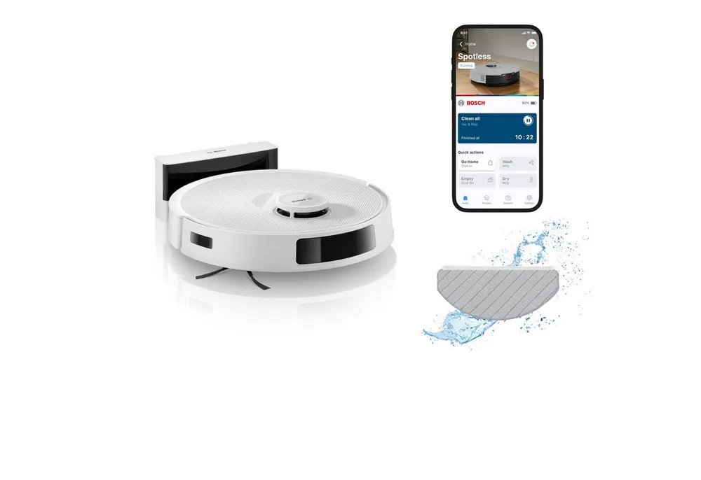BOSCH Saugroboter Spotless BCRC1W, Saugroboter mit Wischfunktion, 11.000 Pa Saugkraft, 60 W, beutellos, Ladestation, einfache Navigation mit Infrarot-Licht, Carbon Bürste