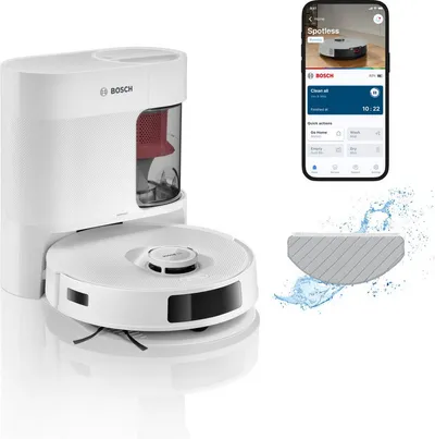 BOSCH Saugroboter Spotless BCRD2W, Saugroboter mit Wischfunktion, 11.000 Pa Saugkraft, 60 W, beutellos, Trocken-Servicestation, Infrarot Navigation, Carbon Bürste