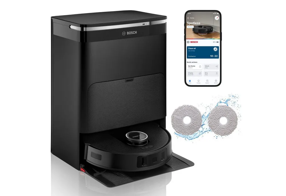 BOSCH Saugroboter Spotless Max BCRDW3B mit Wischfunktion, rotierende Wischpads, 60 W, mit Beutel, Datensicherheit, 11.000 Pa Saugkraft, Absaugstation, Carbon Bürste