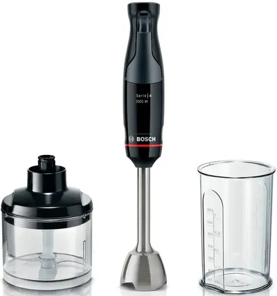 BOSCH Stabmixer ErgoMaster Serie 4 MSM4B620, 4 Klingen, Zerkleinerer, Becher, schwarz, 1000 W, Mixfuß Edelst., großer Bedienhebel, Keramikkupplung, Made in Europe