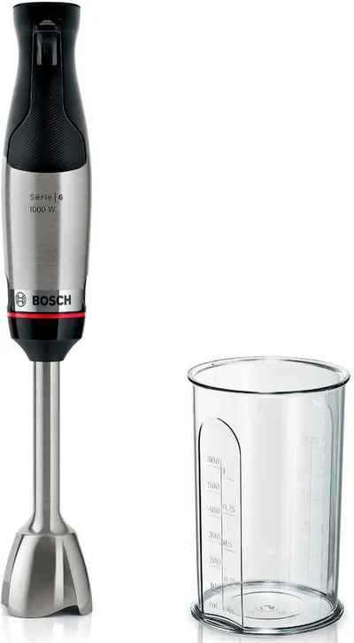 BOSCH Stabmixer ErgoMaster Serie 6 MSM6M610, 4 Klingen, Mixfuß Edelstahl, schwarz, 1000 W, Becher, luftgekühlter Motor, Keramikkupplung, 10 J Motorgarantie