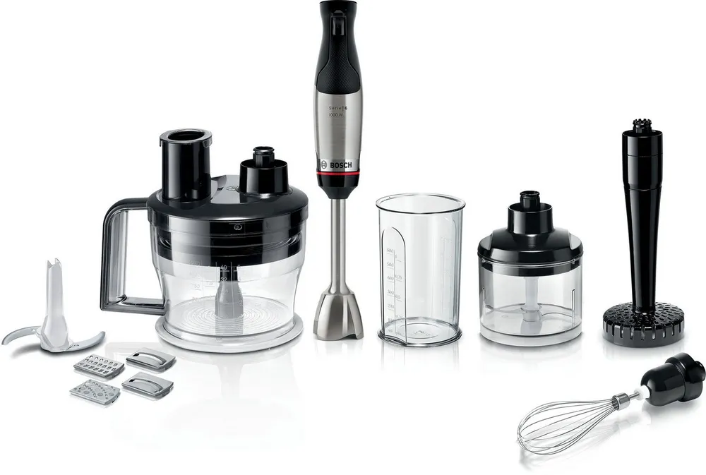 BOSCH Stabmixer ErgoMaster Serie 6 MSM6M673, 4 Klingen, Mixfuß Edelstahl, schwarz, 1000 W, Becher, Stampfer, Zerkleinerer groß & klein, 10 Jahre Motorgarantie