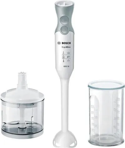 BOSCH Stabmixer ErgoMixx MSM66020, inkl. Zerkleinerer & Becher, 4 Klingen, 12 Stufen, 600 W, ergonomisches Design, made in Europe, weiß/grau