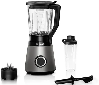 BOSCH Standmixer VitaPower Serie 4 MMB6174SN, 1,5l Mixer, 0,6l ToGo, 30.000 U/Min, grau, 1200 W, Stopfer, 4 Edelstahl Klingen, Kabelstaufach, Made in Europe