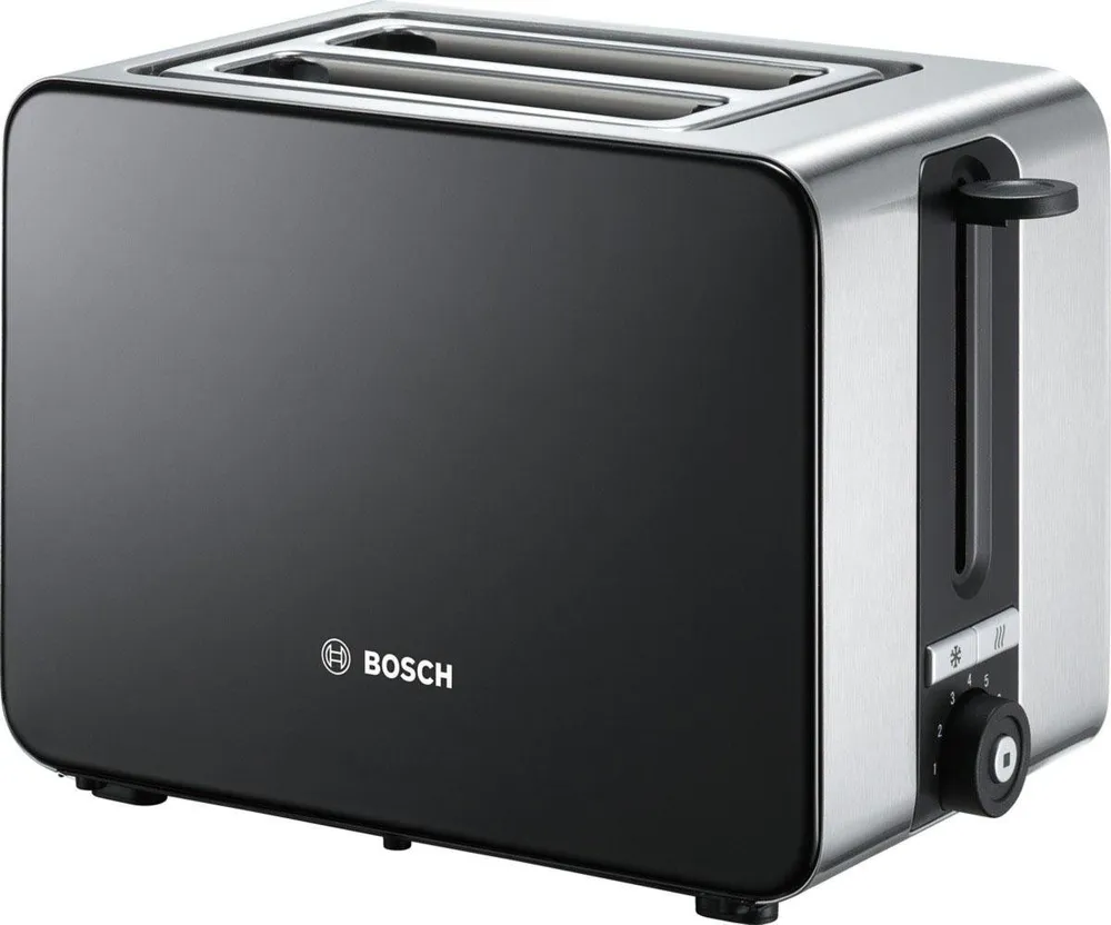 BOSCH Toaster ComfortLine TAT7203, integrierter Edelstahl-Brötchenaufsatz, 2 kurze Schlitze, für 2 Scheiben, 1050 W, Abschaltautomatik, Auftaufunktion, Edelstahl/schwarz