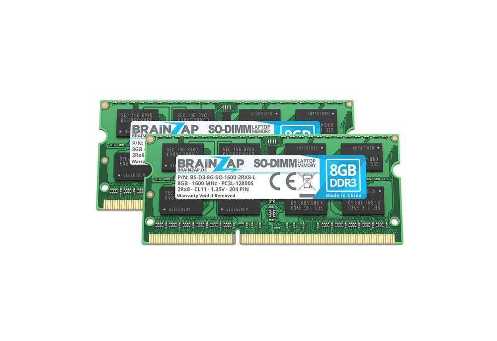 BRAINZAP 16GB (2x 8GB) RAM PC3L-12800S-11 SO-DIMM Laptop-Arbeitsspeicher (1600 MHz, CL11, 2Rx8, Non-ECC, Unbuffered, für Notebooks - Intel und)