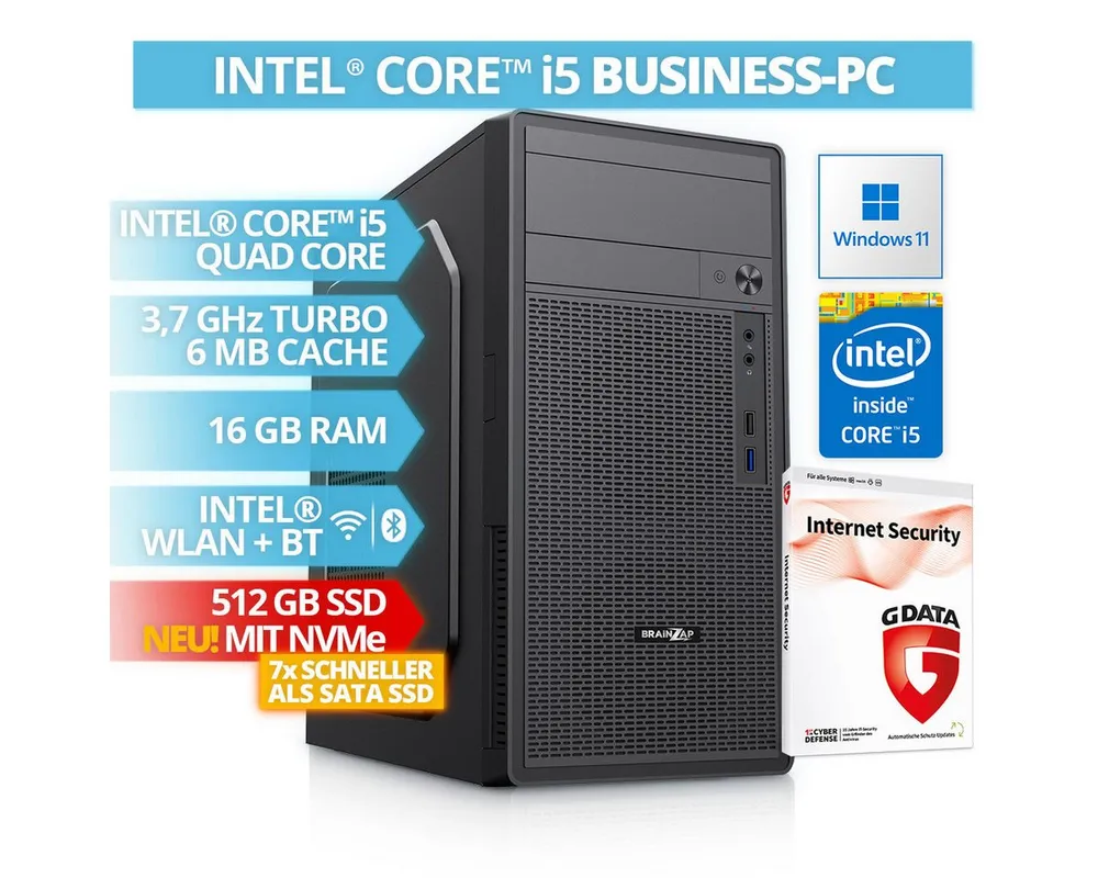 BRAINZAP Office/Home/Desktop PC Business-PC (Intel Core i5 4590, 16 GB RAM, 512 GB SSD, Luftkühlung, NVMe SSD, Windows 11, G DATA Internet Security)