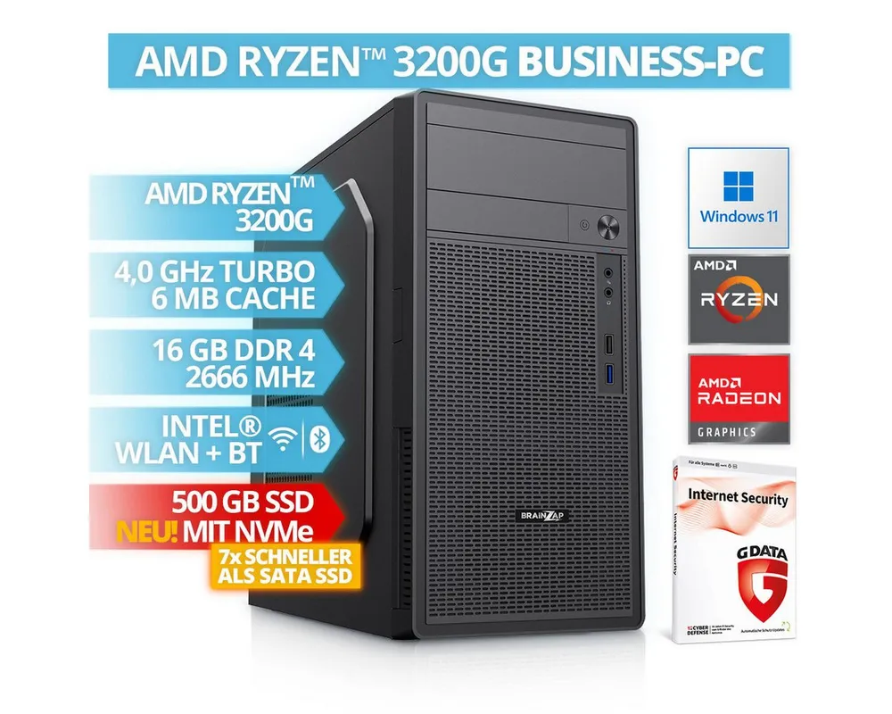 BRAINZAP Office/Home/Desktop PC Business-PC (AMD Ryzen 3 3200G, 16 GB RAM, 500 GB SSD, Luftkühlung, NVMe SSD, Windows 11, G DATA Internet Security, TPM 2.0, SecureBoot)