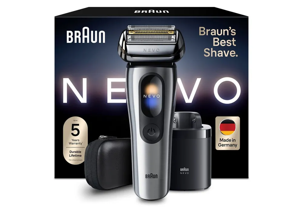 Braun Elektrorasierer NEVO 15000cc, SmartClean-Plus-Reinigungsstation, integrierter Präzisionstrimmer, AeroTouch, Smart Display, 7-in-1 Care System, Reiseetui, Silber