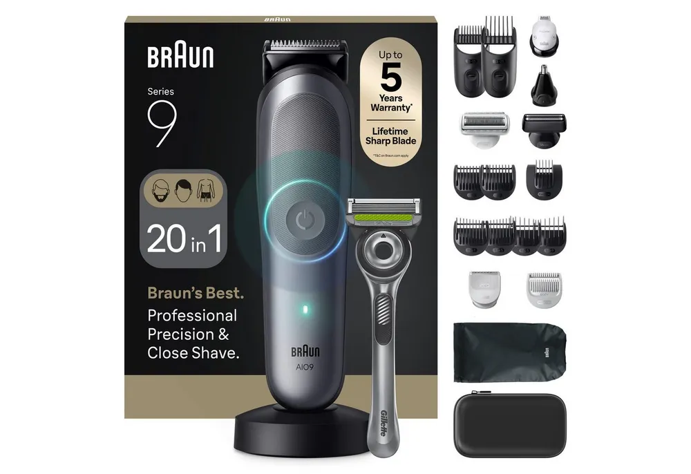 Braun Haarschneider Series 9 AIO9540, 20-in-1, BodyGentle Modus, 120 Min Akku, Gillette Labs Rasierer, Grau