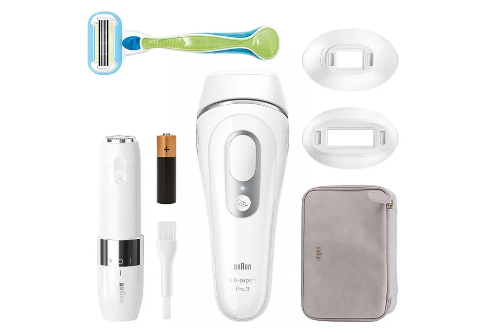 Braun IPL-Haarentferner Silk·expert Pro 3 PL3136, pro Minute bis zu 100 Lichtimpulse, 2 Aufsätze, Venus Rasierer, mit Aufbewahrungstasche