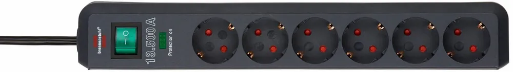 Brennenstuhl Eco-Line Steckdosenleiste 6-fach (Ein- / Ausschalter, Schutzkontaktstecker, Überspannungsschutz, Kabellänge 1,5 m), Überspannungsschutz 13.500 A, erhöhter Berührungsschutz und Schalter