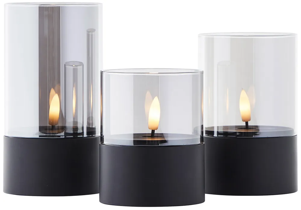 BRILLIANT LED-Kerzen, Ø 8 cm, Rauchglas, 10/12,5/15 cm, schwarz, 3er-Set