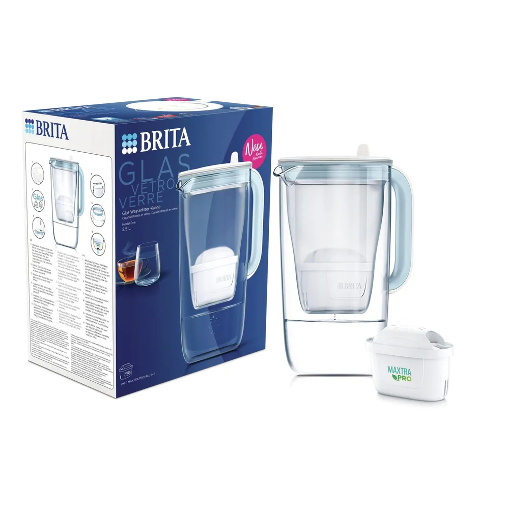 Wasserfilter Glas Wasserfilter-Kanne hellblau (2,5l) inkl. 1x MAXTRA PRO All-in-1 Kartusche – Premium Design