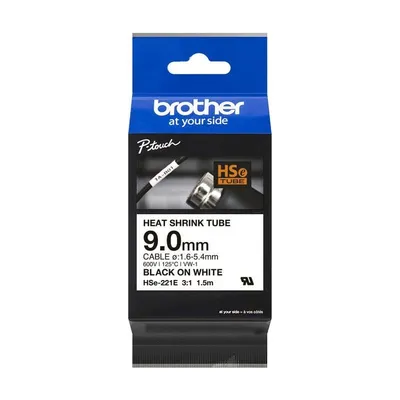 Etikettenbänder für Drucker Brother HSE-221E Schrumpfschlauch 9 mm Schwarz auf weiß