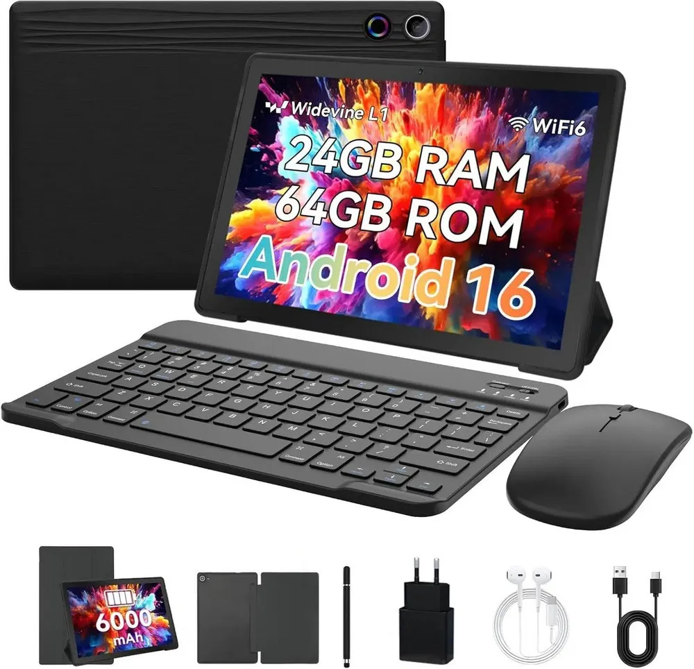 BUFO 10,1'', 64GB, mit Tastatur Stift Maus Hülle, Android 15/16, WiFi 6 Tablet (10", 64 GB, Android 16, WiFI 6, HD IPS, 24(3+21)GB RAM, mit Tastatur/Stift/Maus/Hülle/Kopfhörer)
