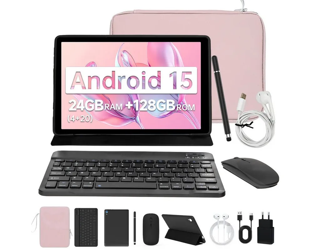 BUFO 10.1 Zoll Android, 4GB/6GB+128GB, 1280x800 HD, incl. Hülle Set Tablet (10", 128 GB, Android 15, Octa core mit Tastatur, Stift, Maus, Hülle, Kopfhörer, WiFi 6 BT 5)