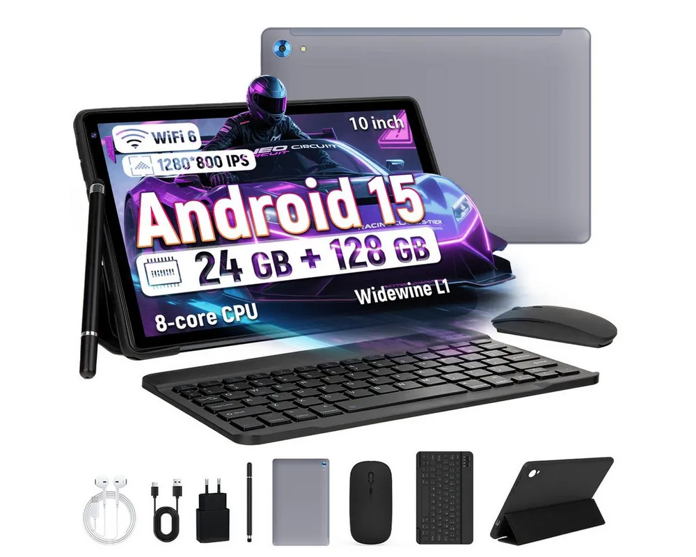 BUFO 10.1 Zoll Android, 4GB/6GB+128GB, 1280x800 HD, incl. Hülle Set Tablet (10", 128 GB, Android 15, Octa core mit Tastatur, Stift, Maus, Hülle, Kopfhörer, WiFi 6 BT 5)