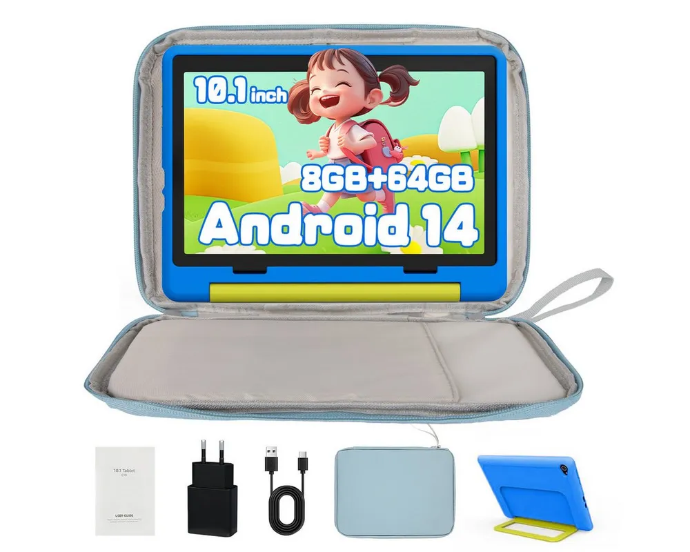 BUFO 10'' Android 64GB 1280x800 HD IPS WiFi 6 Lern Kinder Tablet (10", 64 GB, Android 14, 5G WiFi, Kids Bumper Blau, Elterliche Kontrolle, Anti-Blaulicht)