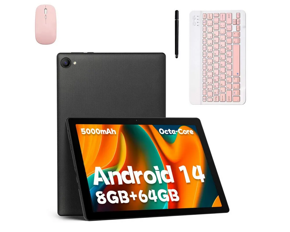 BUFO 10 Zoll 1280x800 HD 5000mAh WiFi 6 mit Tastatur, Maus und Stylus Tablet (10.1", 64 GB, Android 14, 5G WiFi, Android 14 mit Tastatur Set, KI-Unterstützung, 8GB+64GB)