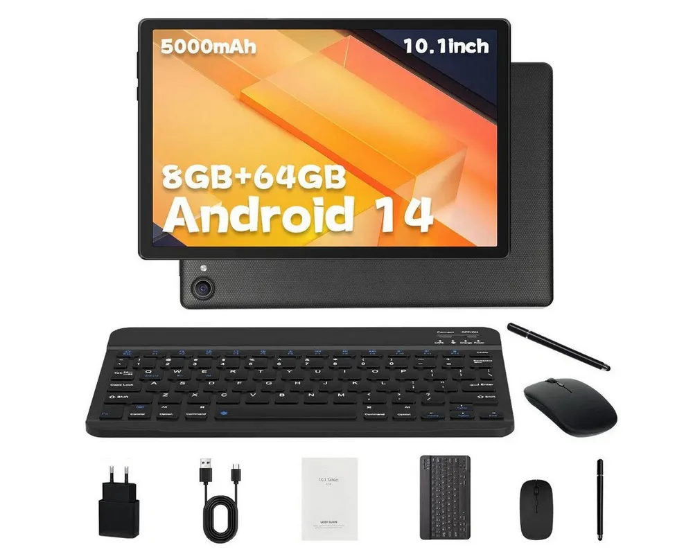 BUFO 10 Zoll 1280x800 HD 5000mAh WiFi 6 mit Tastatur, Maus und Stylus Tablet (10.1", 64 GB, Android 14, 5G WiFi, Android 14 mit Tastatur Set, KI-Unterstützung, 8GB+64GB)