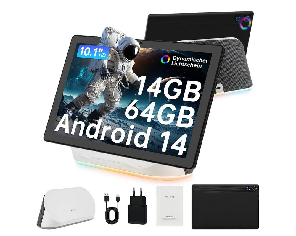 BUFO 10 Zoll Android 14 Tablet mit Ladedock & Lautsprecher, 14(3+11)GB+64GB Tablet (10", 64 GB, Android 14, WiFi 6, BT 5.0)