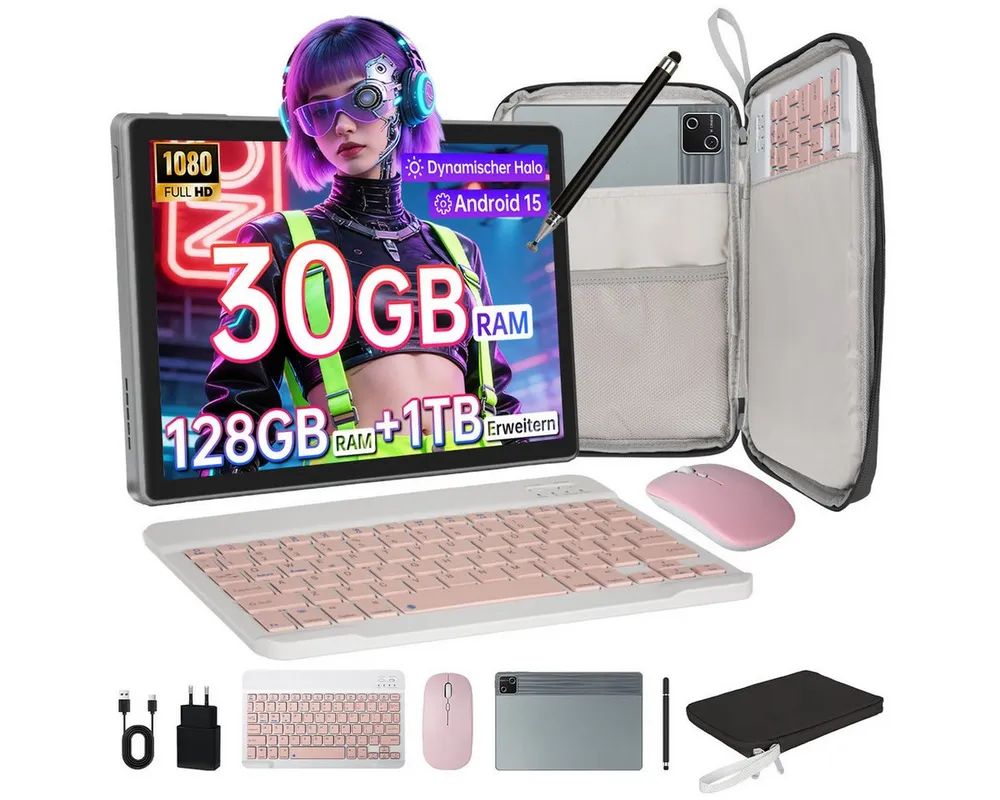 BUFO 10 Zoll Android 15, 30(6+24)GB+128GB, 6200mAh, mit Tastatur/Maus/Stift Tablet (10", 128 GB, Octa-Core, mit Stift/Maus/Tastatur)