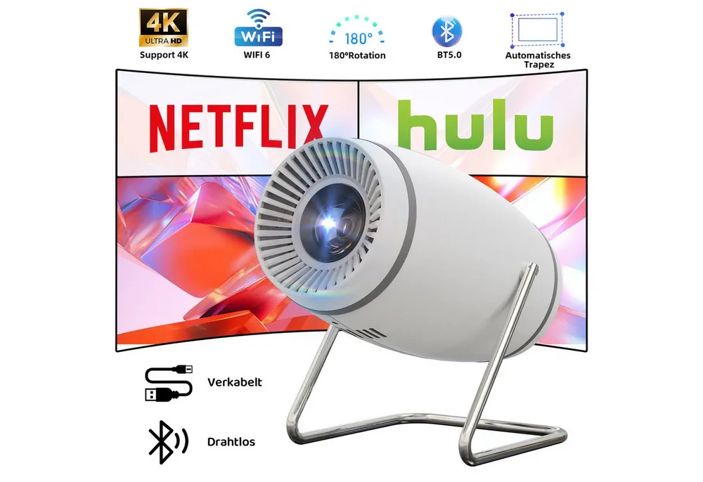 BUFO 4K Mini Beamer Portable 130 Zoll, 180° Rotatable, Auto Keystone Portabler Projektor (150 lm, 1500:1, 1280 x 720 px, Mini Beamer mit HDMI/TV Stick/USB / PS5 (L), WiFi 6 und Bluetooth 5.4)