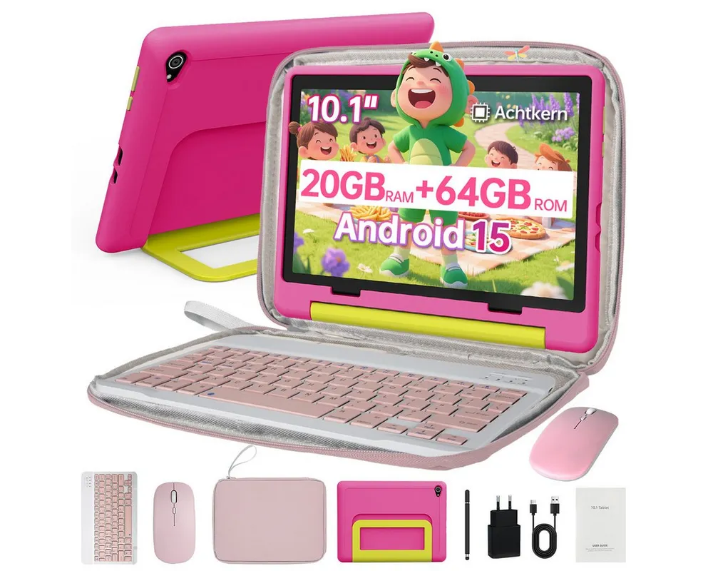 BUFO Android 16 10-Zoll, 24(3+21) GB RAM + 64 GB ROM (TF Expand 1TB) Kinder Tablet (10", 64 GB, Android 16, WiFi 6, Android 15, HD IPS 1280x800 mit Tastatur, Maus, Stift und Tasche)