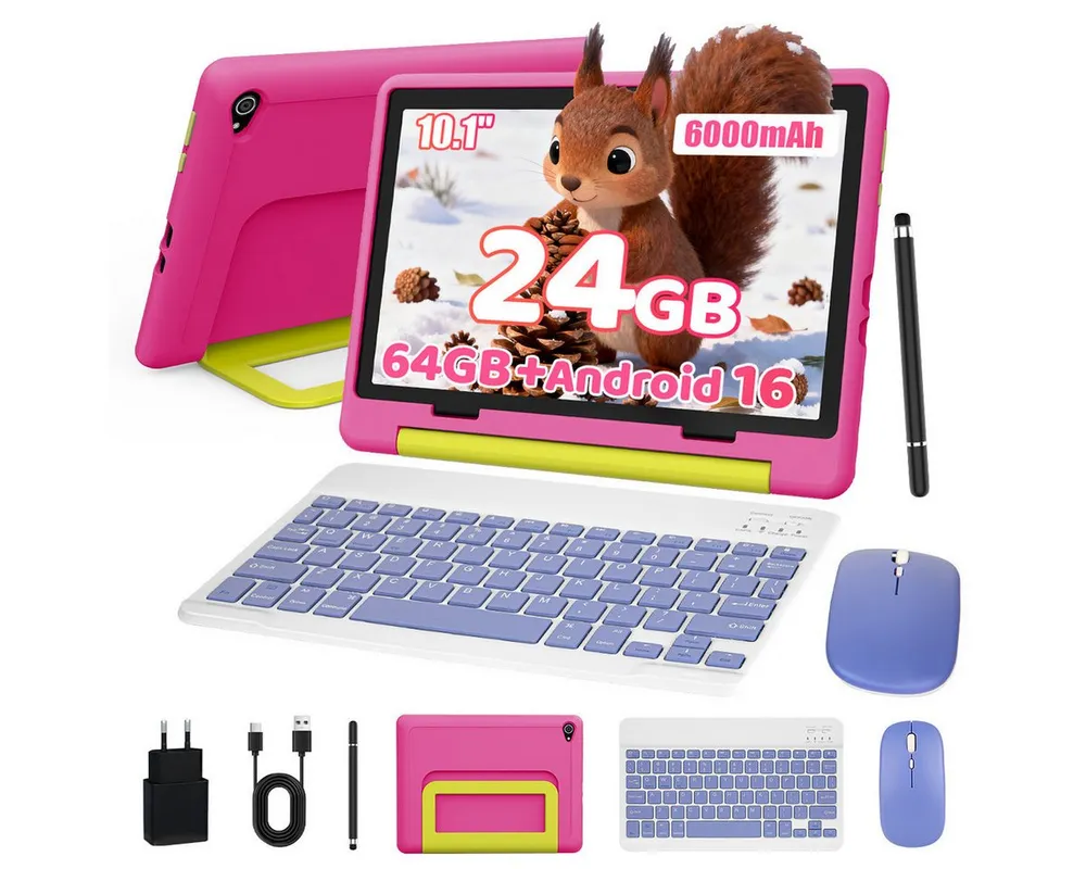 BUFO Android 16 10-Zoll, 24(3+21) GB RAM + 64 GB ROM (TF Expand 1TB) Kinder Tablet (10", 64 GB, Android 16, WiFi 6, mit Tastatur/Maus/Stift, Augenschutz-Tablet mit Eltern-Kontrolle)